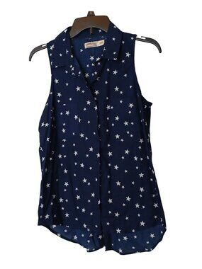 Faded Glory Womens Top Sz S Star Print Sleeveless Button Navy 100% Cotton #I-11